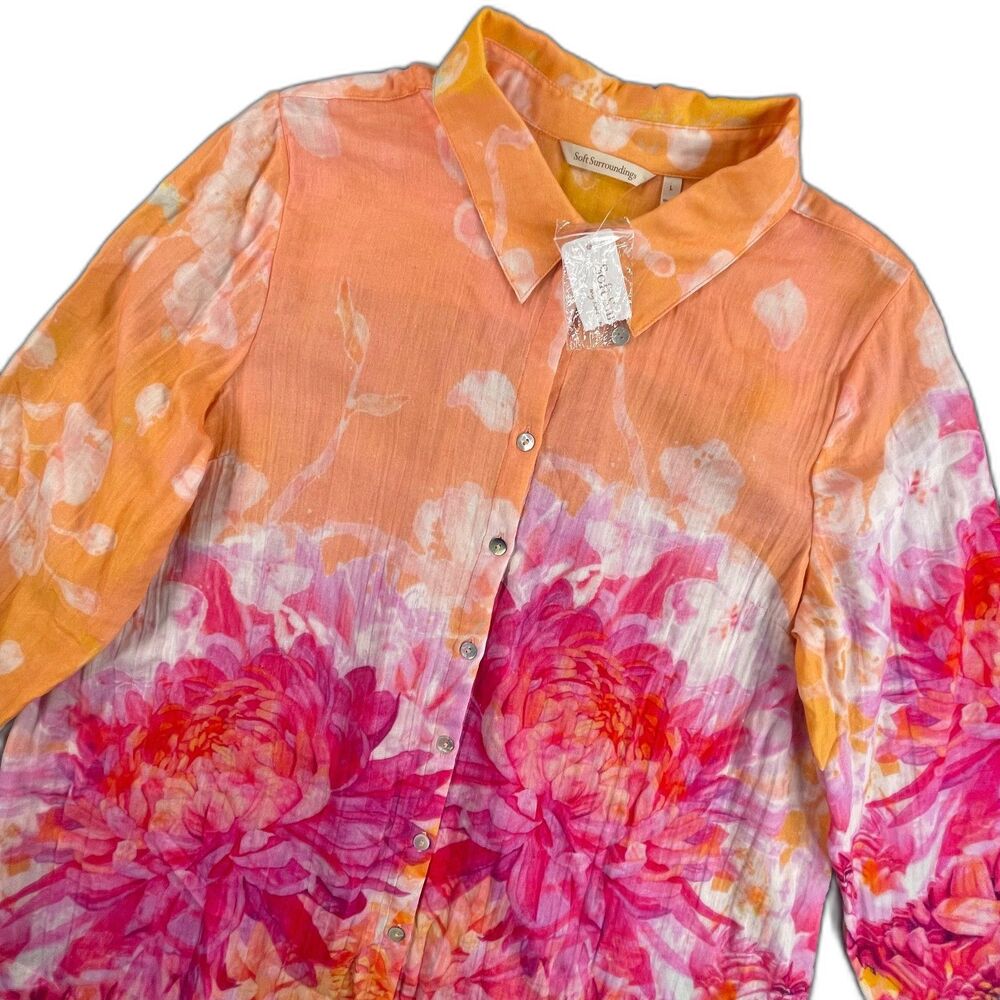 NWT Soft Surroundings Altrua Shirt Pink Orange Floral Gauze Button Up Large